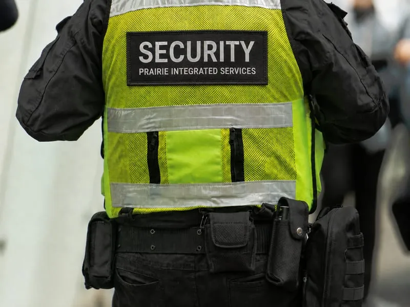 A Prairie Integrated Services officer in a high-visibility vest marked SECURITY.